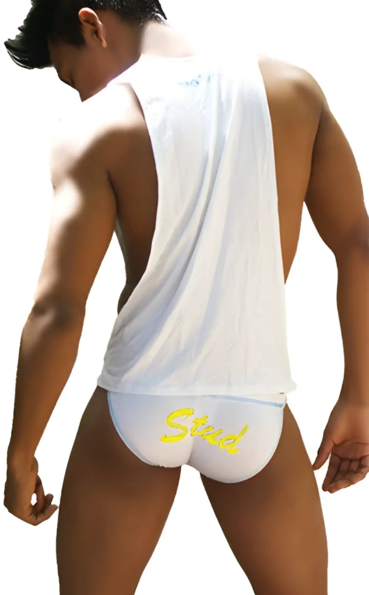 Back side of white white athletic-style briefs with yellow stead logo paired with icker sea stud tank top tshirt