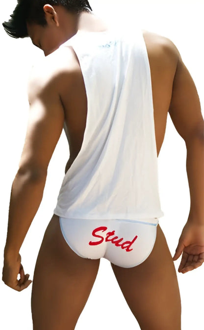 Back side of white briefs with red stud lettering featuring icker sea stud large armhole tank top details