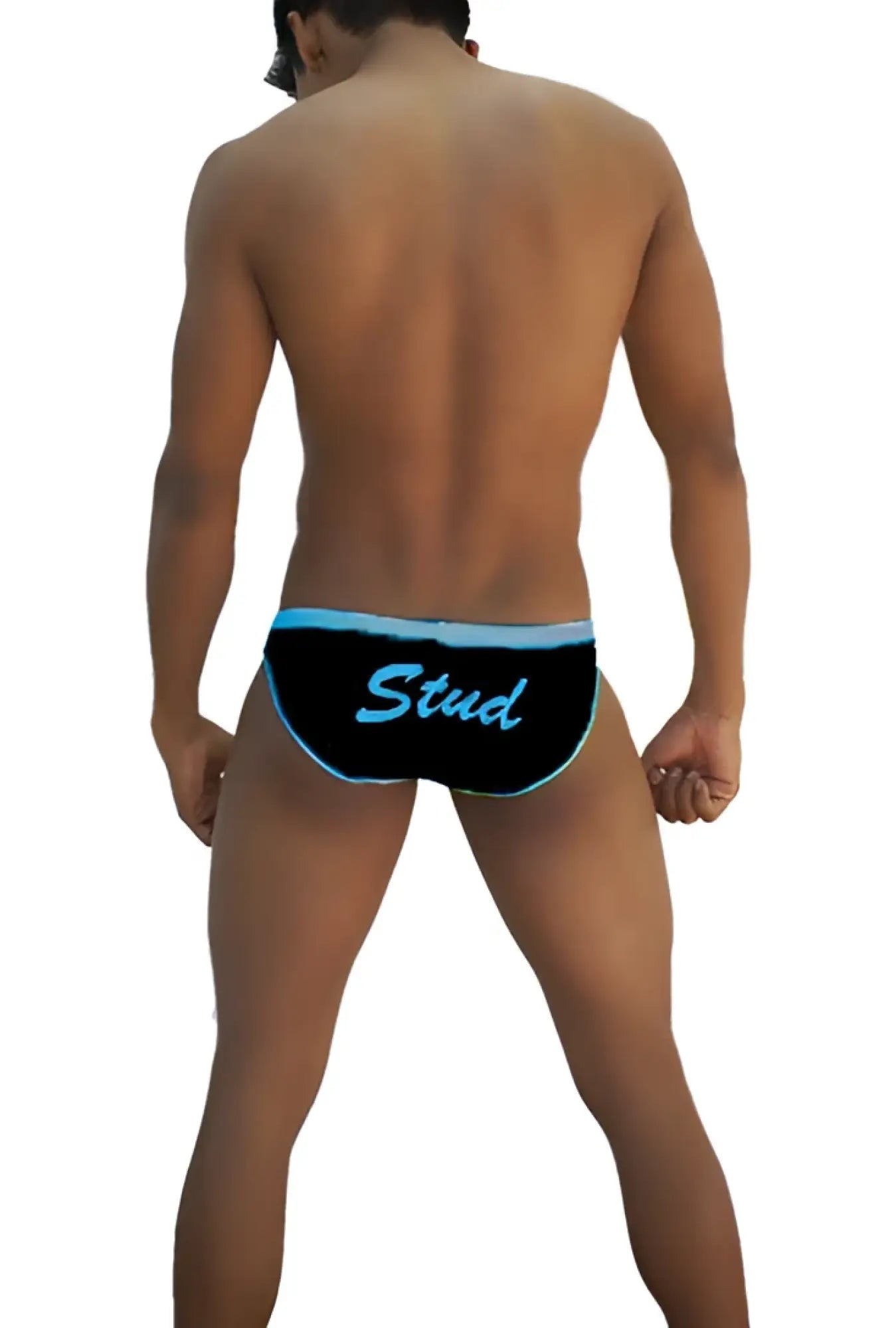 Black icker sea stud slip bikini underwear with light blue trim and stud script for swimwear use