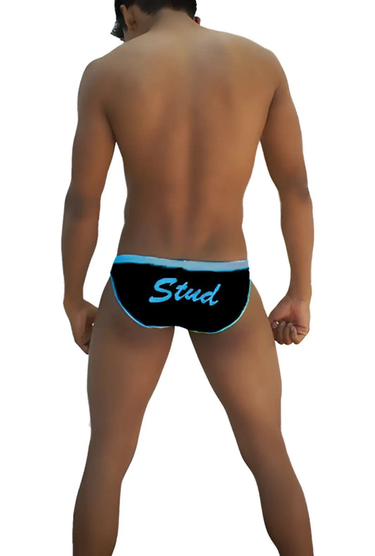 Black icker sea stud slip bikini underwear with light blue trim and stud script for swimwear use