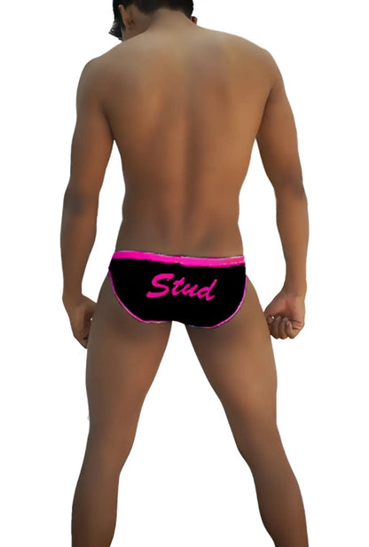 Icker Sea Stud slip bikini underwear in black with bright pink trim and stud script for swim or beachwear