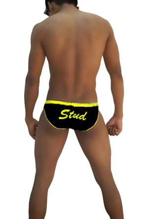 Black icker sea stud slip bikini underwear with bright yellow trim and stud lettering in mango color