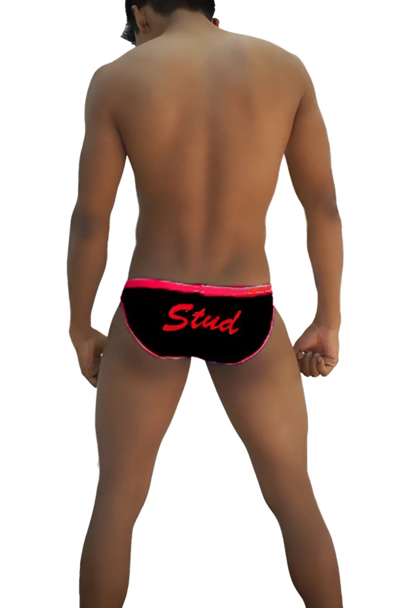 Black icker sea stud slip bikini underwear with bright pink trim and red script stud on the back side