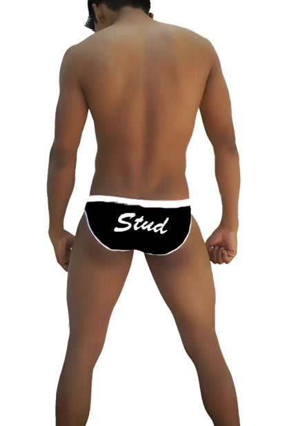 Black icker sea stud slip bikini underwear with white trim and stud printed in cursive on front