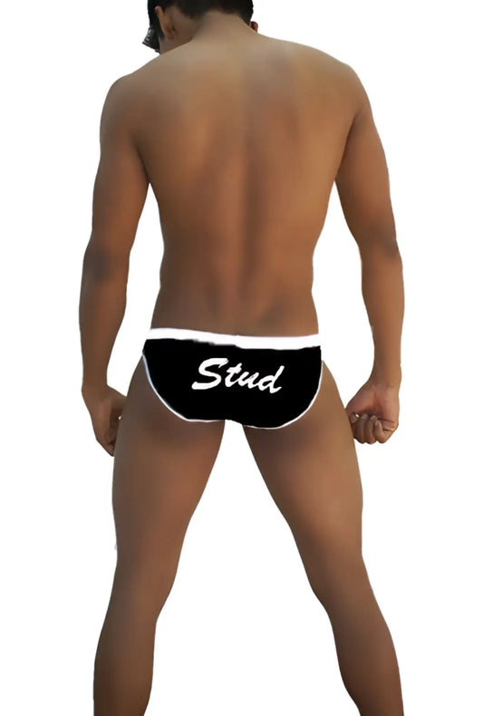 Black icker sea stud slip bikini underwear with white trim and stud printed in cursive on front