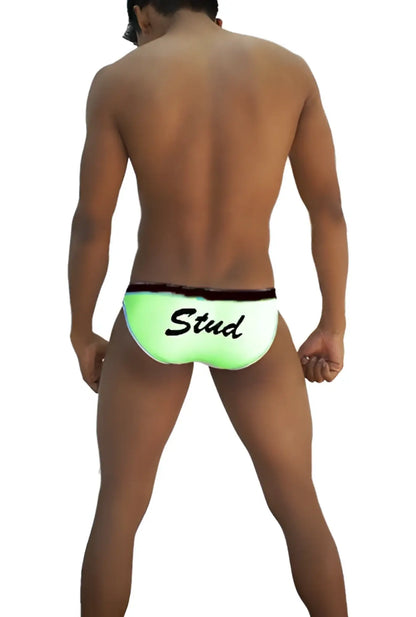 Neon green icker sea stud slip bikini underwear with black trim and stud print in black script on front