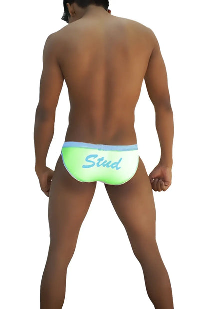 Icker Sea Stud slip bikini underwear in neon green with light blue waistband and Stud print in matching blue script