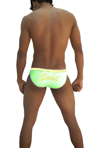 Icker Sea Stud Slip bikini underwear in bright neon green swim trunks with yellow waistband and gold stud embroidery