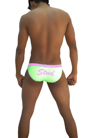 Neon green icker sea stud slip bikini underwear with pink trim and cursive stud script for swimwear use