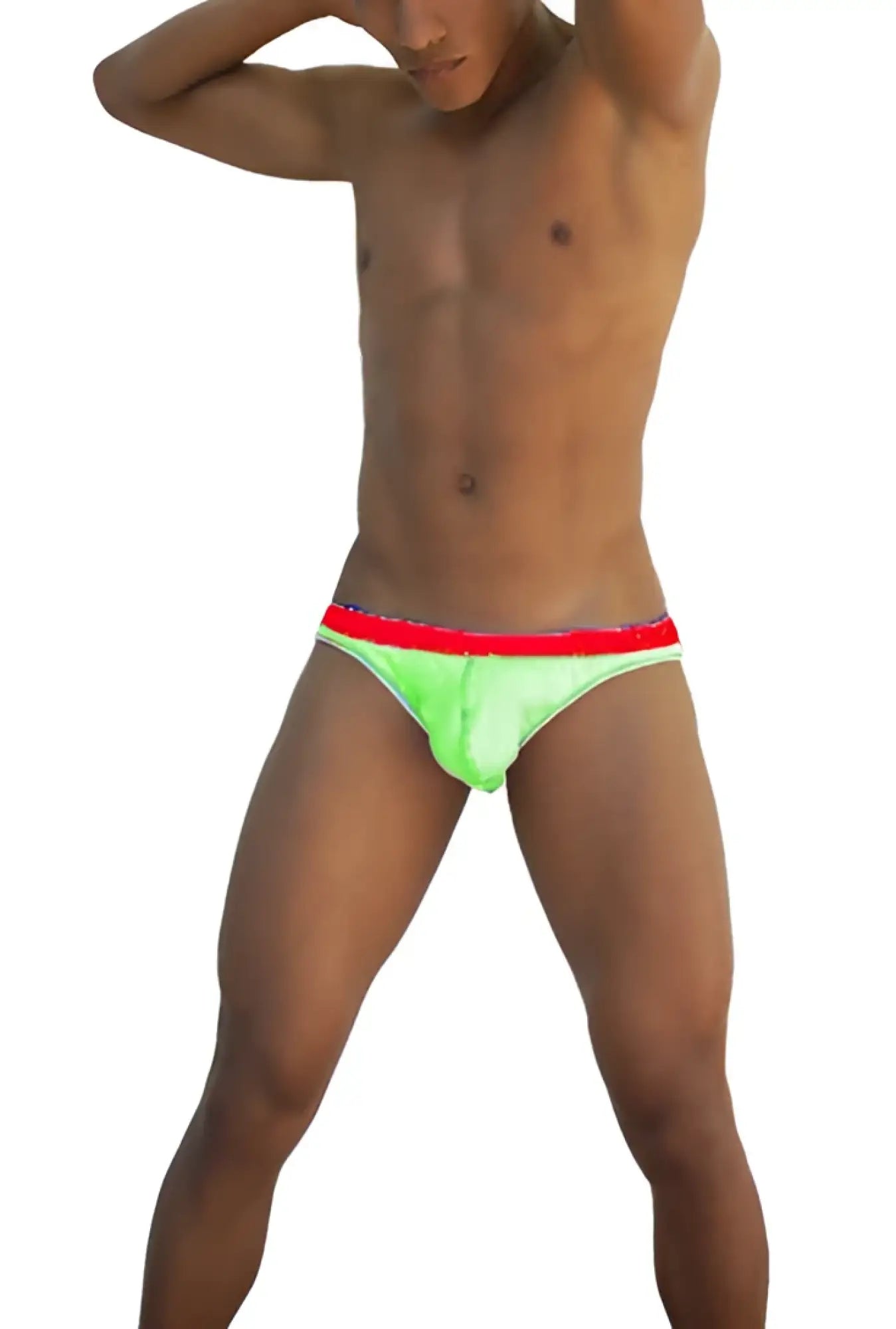 Neon green and red Icker Sea stud slip bikini briefs made of comfortable fabric ideal for swimwear use