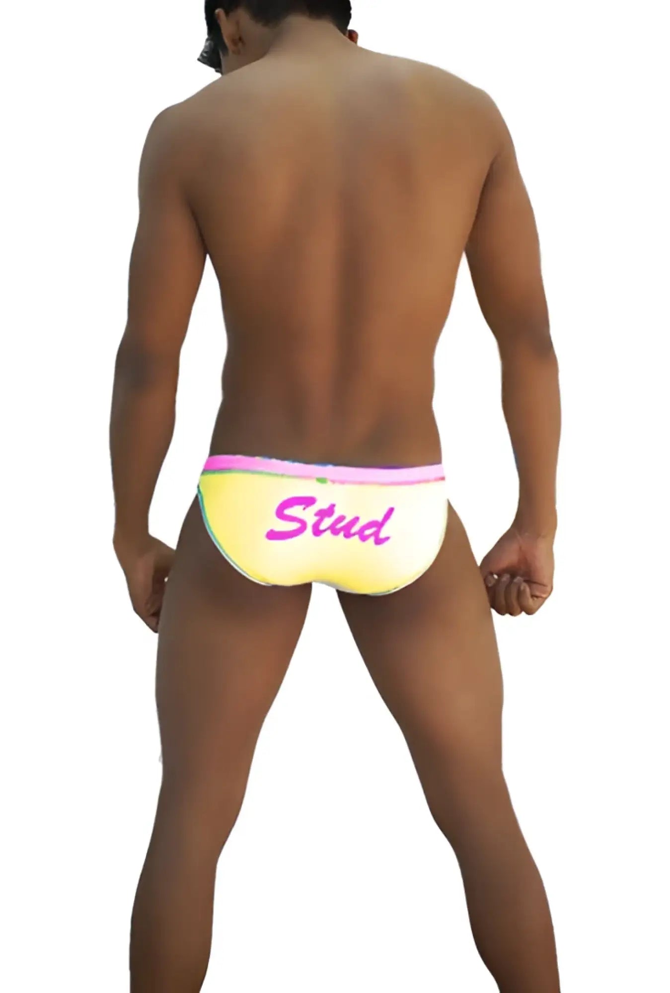Yellow swim trunks with pink waistband and purple stud script from icker sea stud slip bikini underwear mango fuchsia