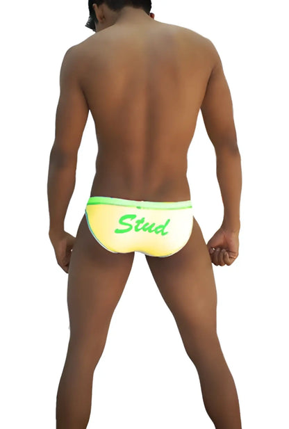 Icker Sea stud slip bikini underwear in bright yellow with neon green waistband and matching stud lettering mango green