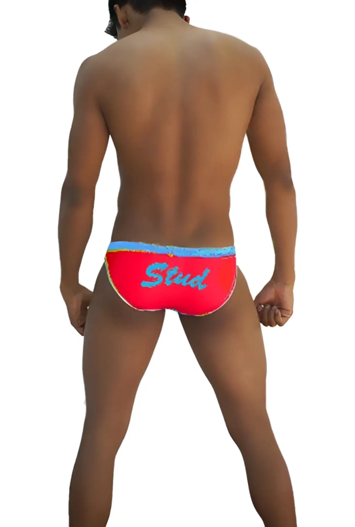 Icker Sea Stud slip bikini underwear in bright red with blue waistband and stud embroidery in light blue script