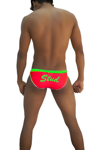 Icker sea stud slip bikini underwear in bright red with neon green waistband and stud embroidery visible on front