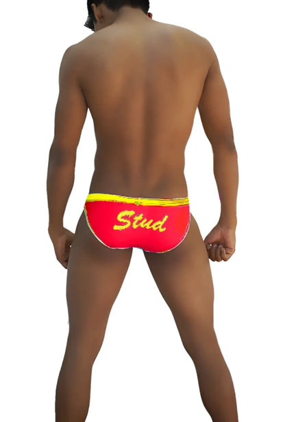 Icker Sea stud slip bikini underwear in red with yellow trim and gold embroidered lettering for swimwear use