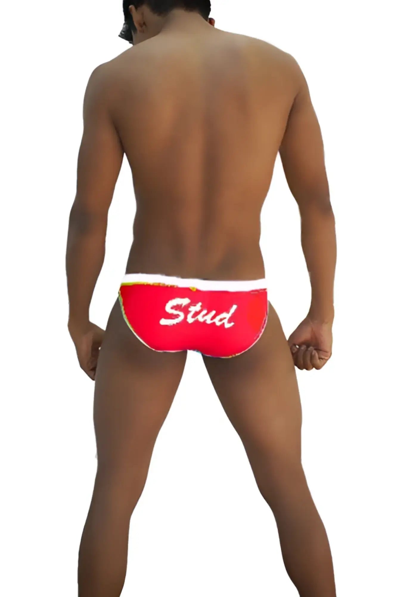 Red swim trunks with white trim and stud script lettering from Icker Sea stud slip bikini underwear red white COI 16 33RW