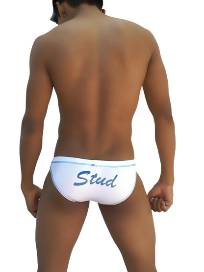 White briefs with blue trim and stud cursive print from icker sea stud slip bikini underwear white blue coil 13 10