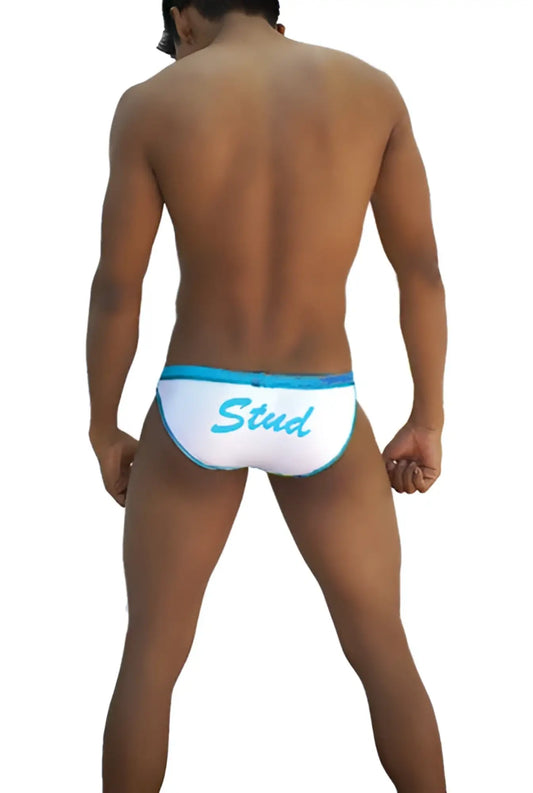 Icker Sea Stud slip bikini underwear white with light blue trim and teal cursive stud lettering