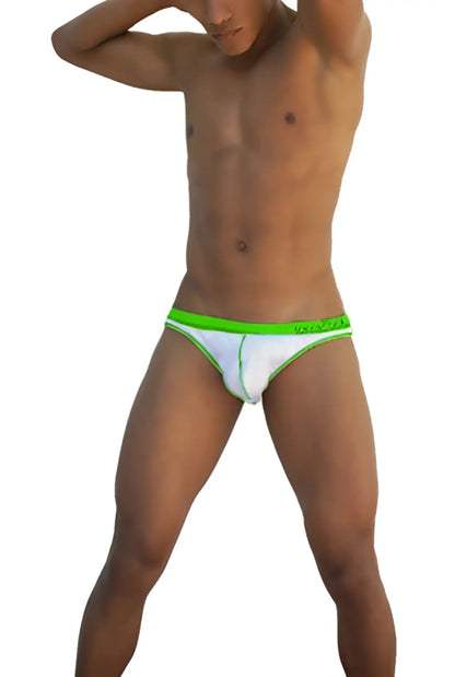 Icker sea stud slip bikini underwear white briefs with neon green trim and subtle logo on waistband
