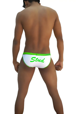 White icker sea stud slip bikini underwear with bright green waistband and stud print in green script