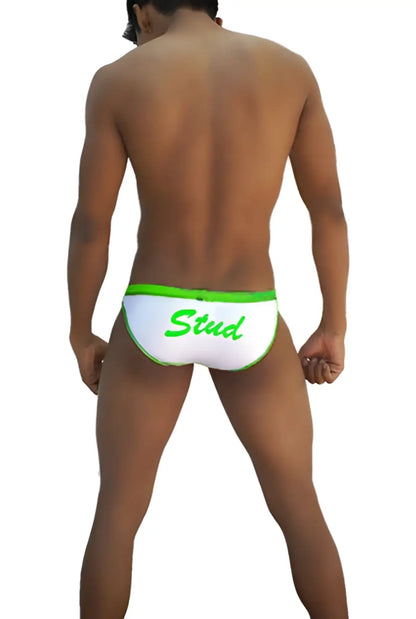 White icker sea stud slip bikini underwear with bright green waistband and stud print in green script