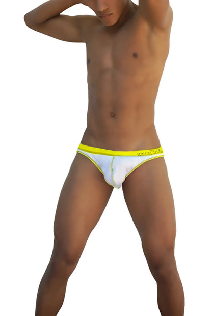White briefs with a bright yellow mango waistband from icker sea stud slip bikini underwear white/mango coi 16 33wy