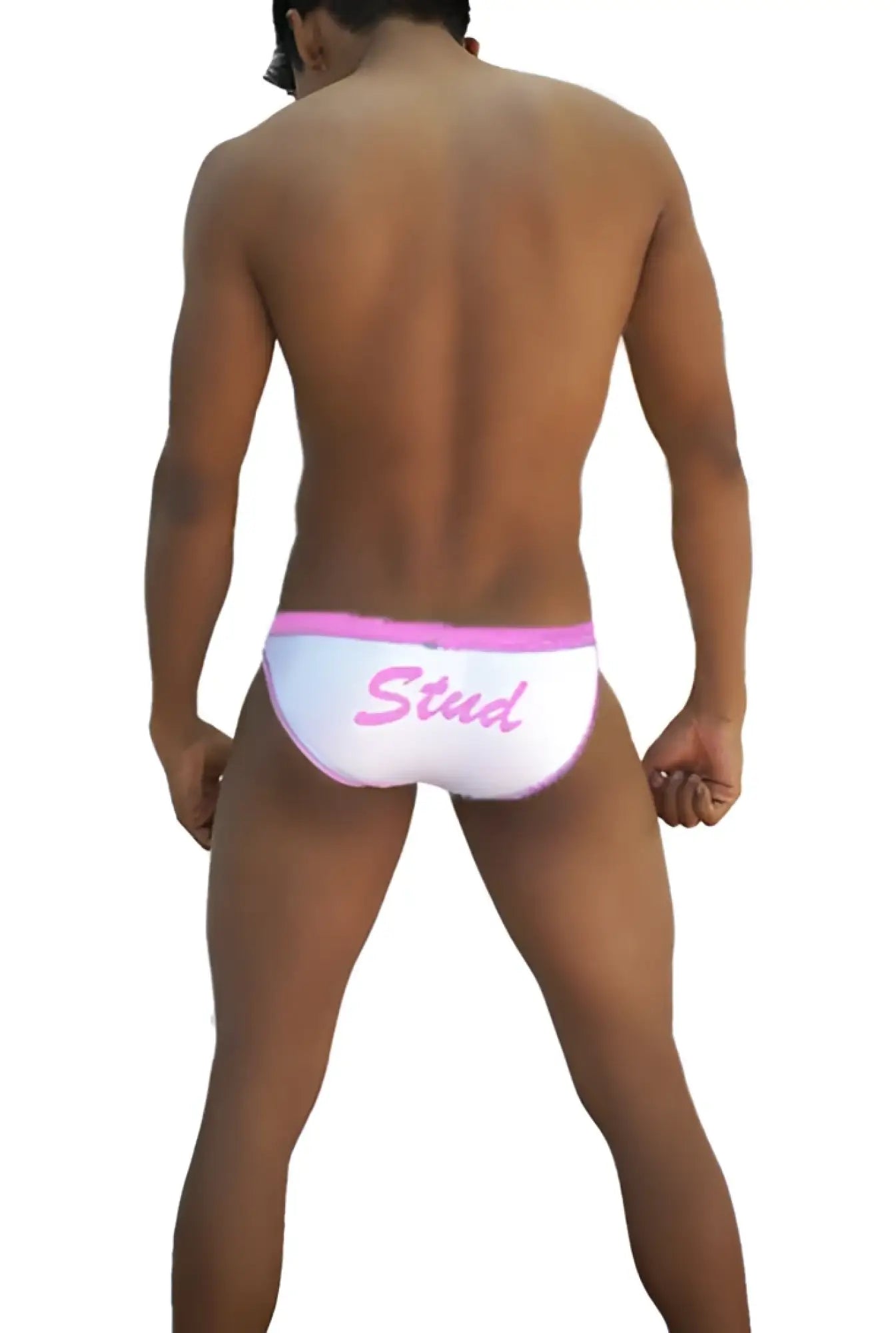 White icker sea stud slip bikini underwear with pink waistband and stud script for swimwear use