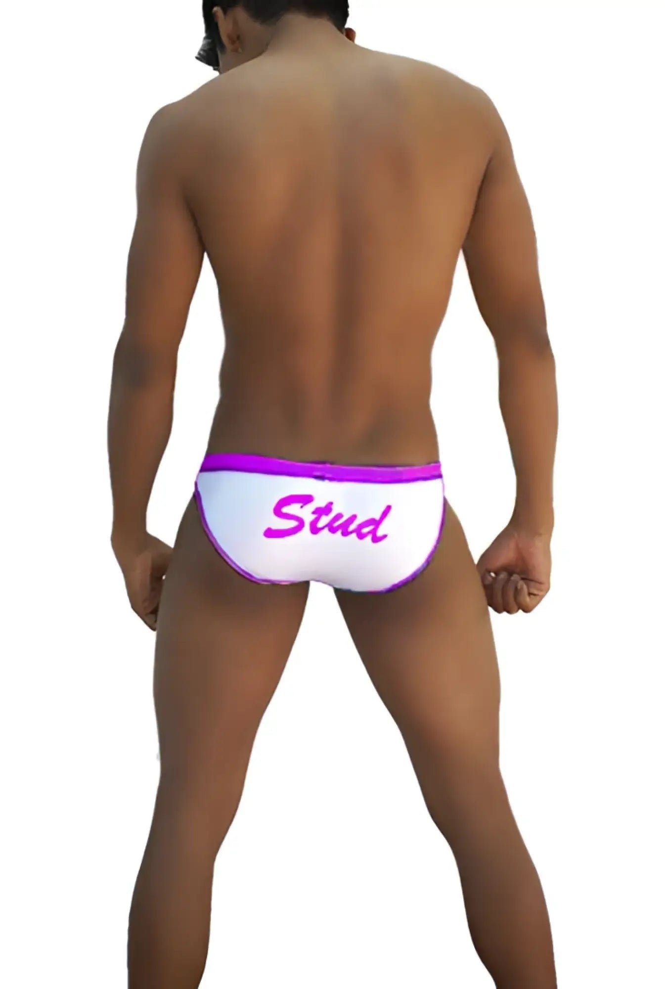 White icker sea stud slip bikini underwear with purple waistband and pink stud script in cursive on front