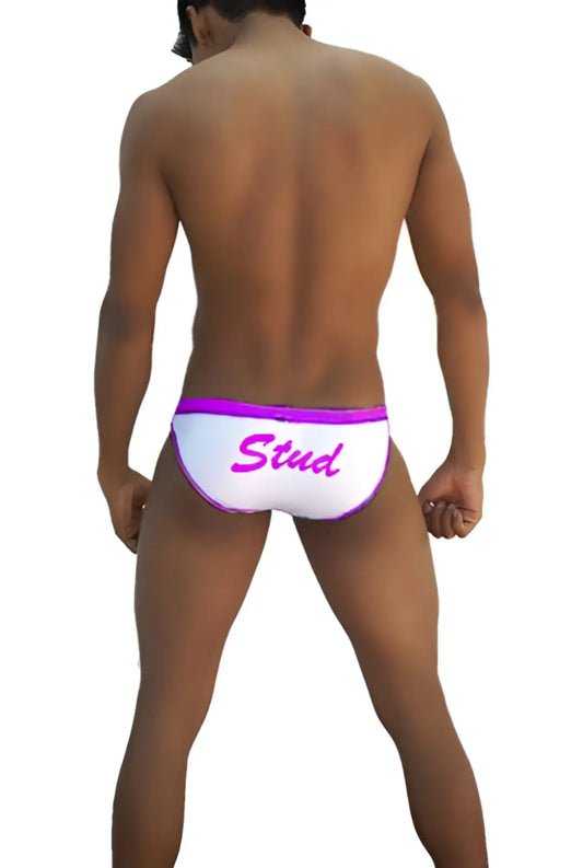 White icker sea stud slip bikini underwear with purple waistband and pink stud script in cursive on front