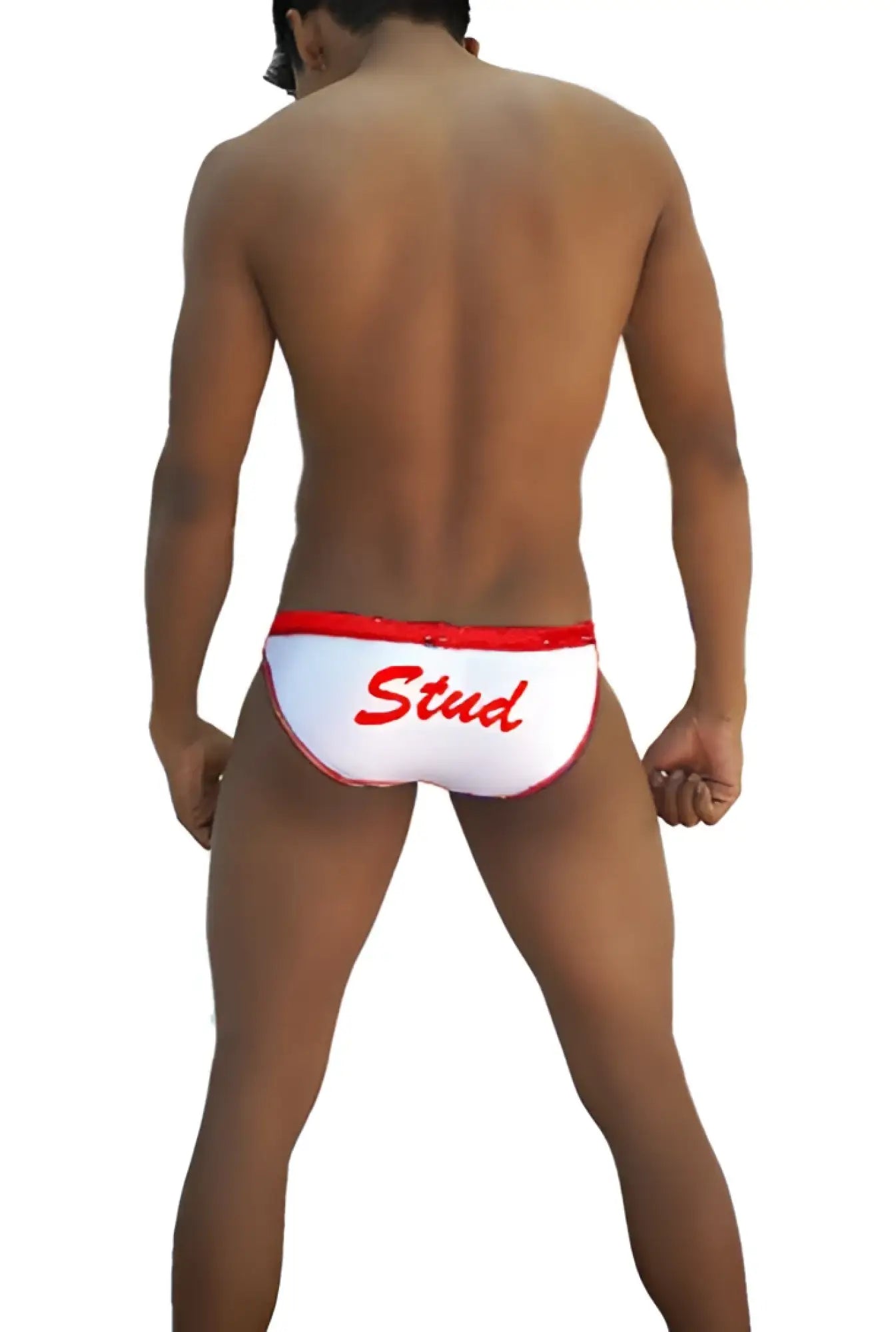 Icker Sea Stud slip bikini underwear in white swim trunks with red trim and red stud script on the front