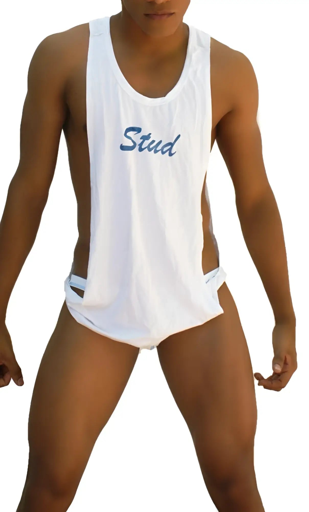 White sleeveless tank top with blue stud embroidered script across the chest from icker sea stud tank top tshirt