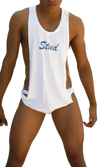 White sleeveless tank top with blue stud embroidered script across the chest from icker sea stud tank top tshirt