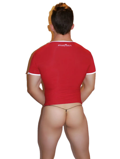 Back view of icker sea super deep v neck short sleeved red fitted shirt with white trim and small embroidered logo