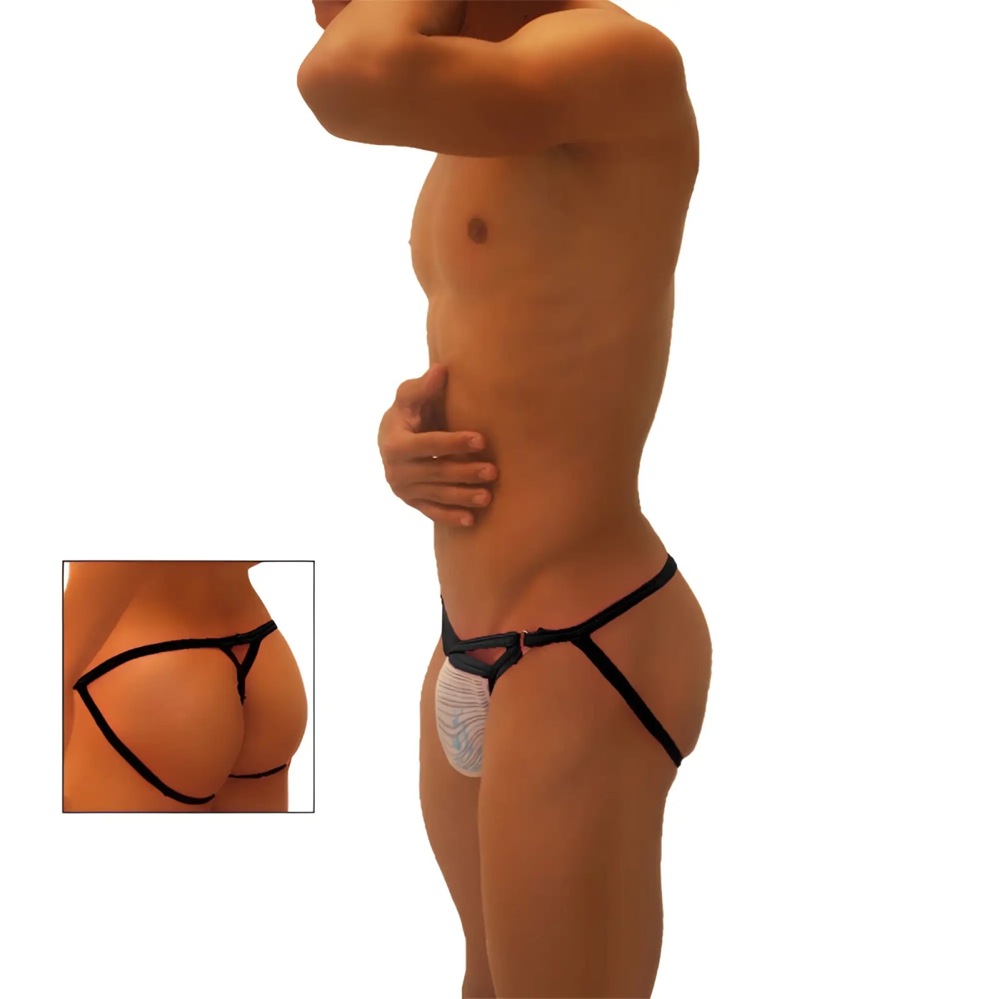 Black and white patterned thong with black elastic straps front cut out design by icker sea underwear black
