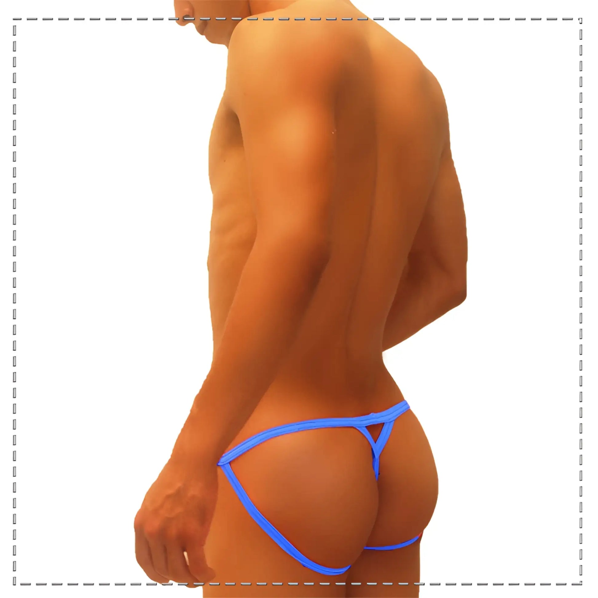 Icker Sea superhero stripe cut out jock g string underwear blue featuring a bright blue, thin-strapped thong with triangular cutout design