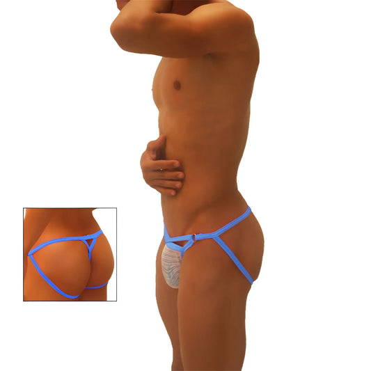Blue mesh thong with white patterned inner panel from icker sea superhero stripe cut out jock g string underwear