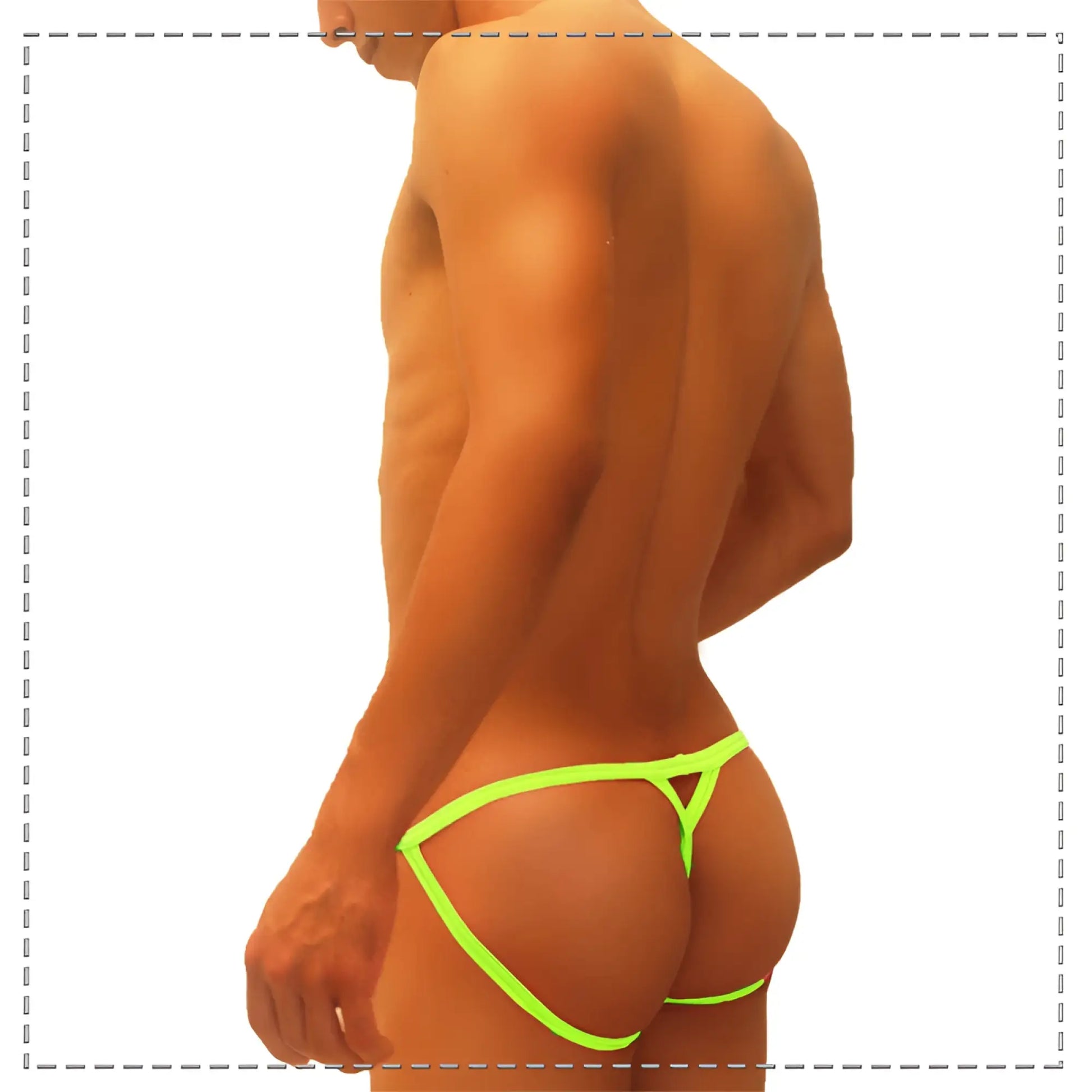 Neon green Icker Sea Superhero Stripe cut out jock g string underwear with triangular cutout design backside view