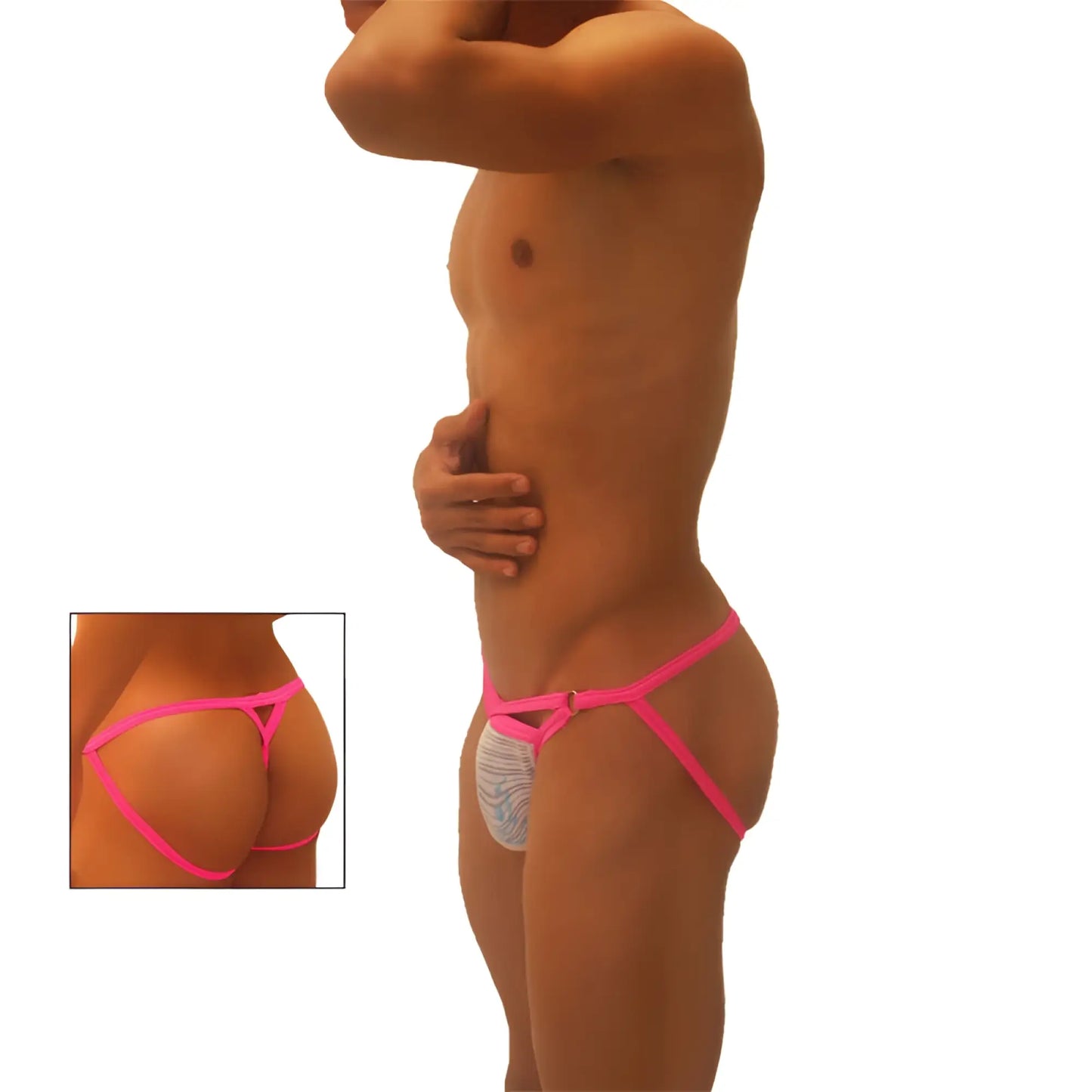Bright pink icker sea superhero stripe cut out jock g string thong with thin straps and white gray patterned lining