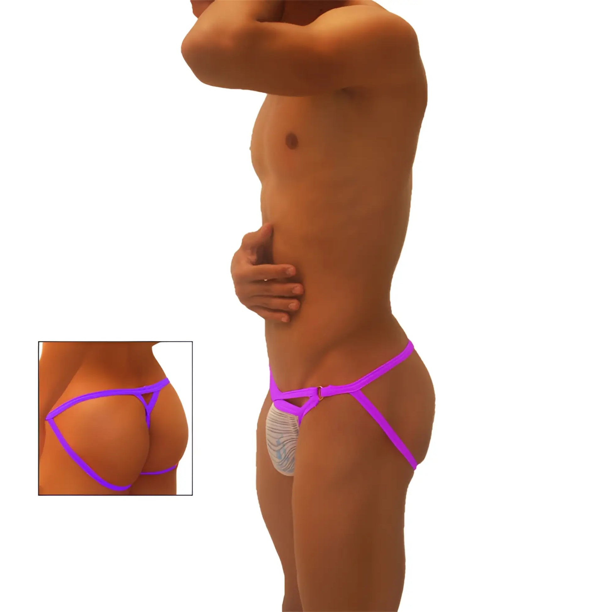 Vibrant purple nylon Icker Sea superhero stripe cut out jock g string underwear with white patterned lining