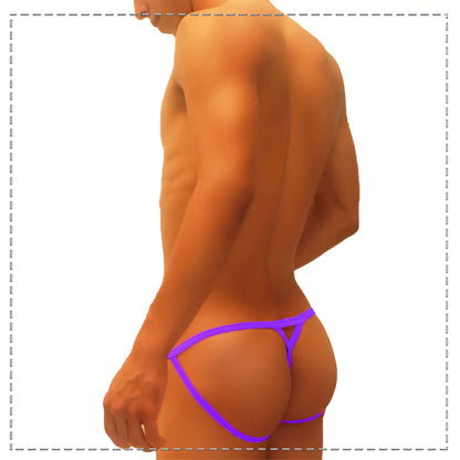 Vibrant purple icker sea superhero stripe cut out jock g string underwear with sleek minimalist design front view