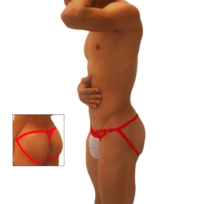 Icker sea superhero stripe cut out jock g string underwear red with red string bikini briefs and white patterned front panel
