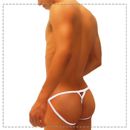 White thong underwear with superhero stripe and triangular cutout design front view by icker sea