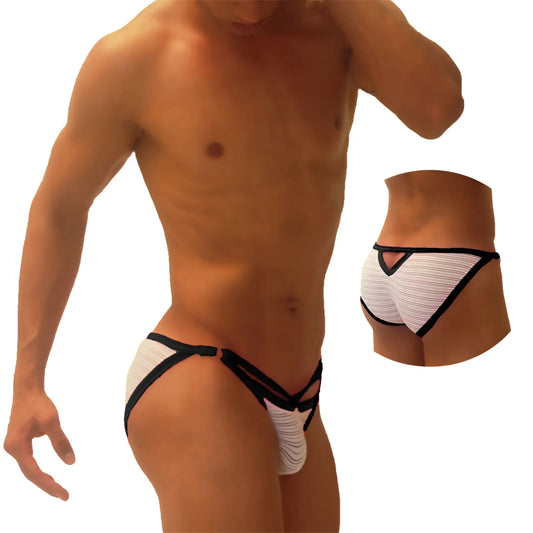 Icker Sea superhero stripe cut out micro slip bikini underwear in black with white and black stripes and a distinctive cutout design