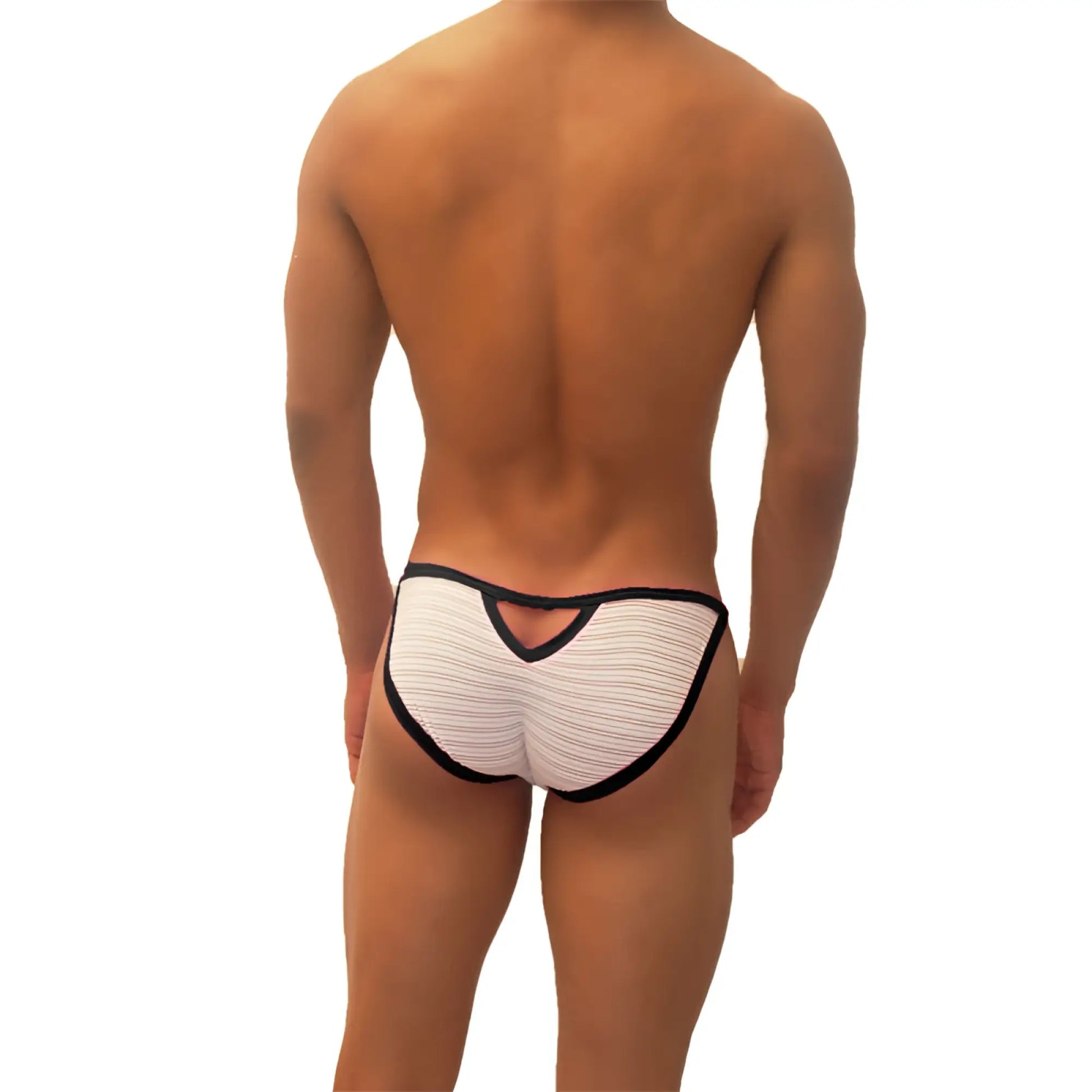 Back view of icker sea superhero stripe cut out micro slip bikini underwear in white with black trim and cutout detail