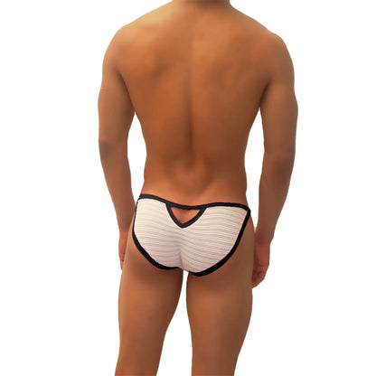 Back view of icker sea superhero stripe cut out micro slip bikini underwear in white with black trim and cutout detail