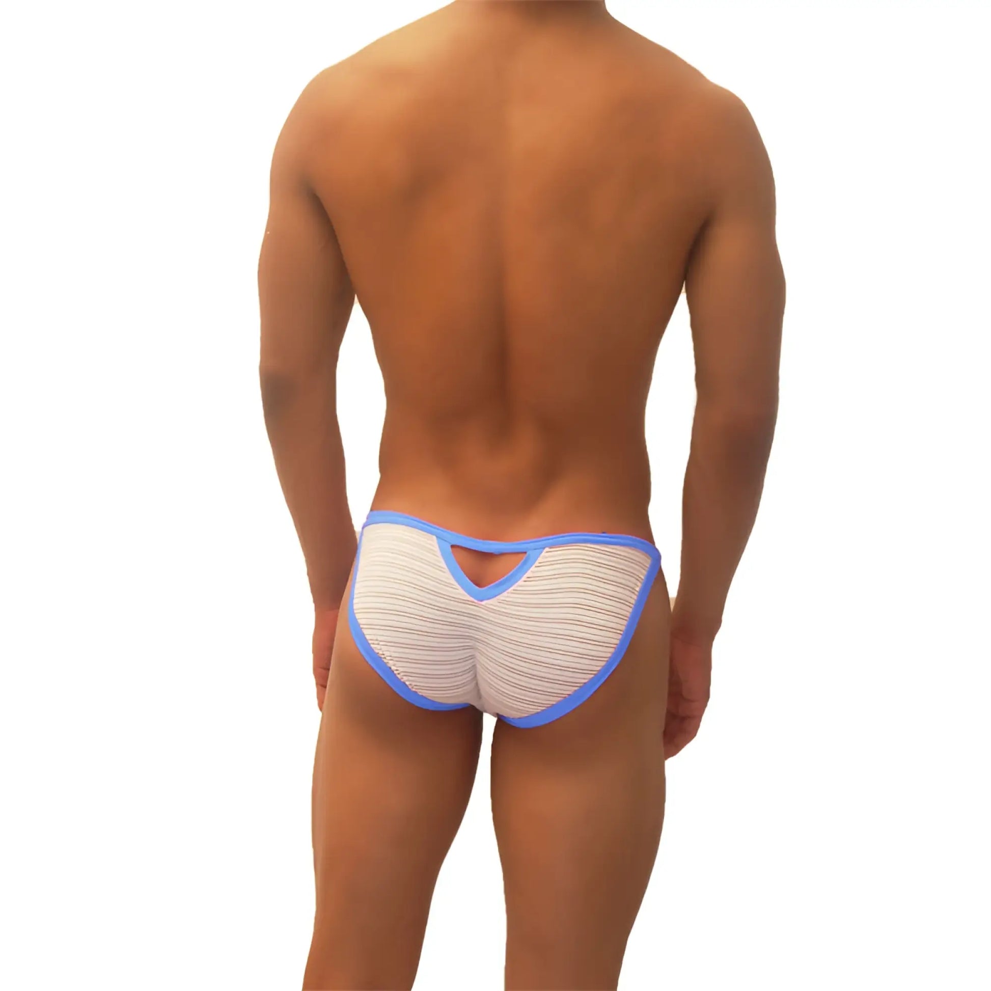 Back view of icker sea superhero stripe cut out micro slip bikini underwear in white and blue striped fabric