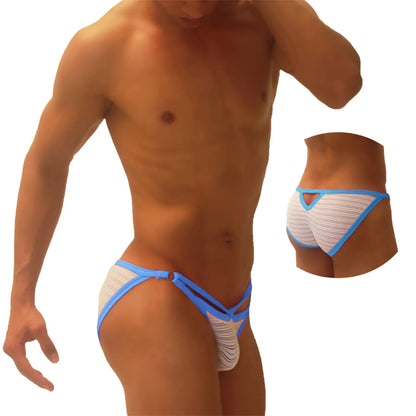 Blue and white mesh briefs with cutout design icker sea superhero stripe micro slip bikini underwear front view