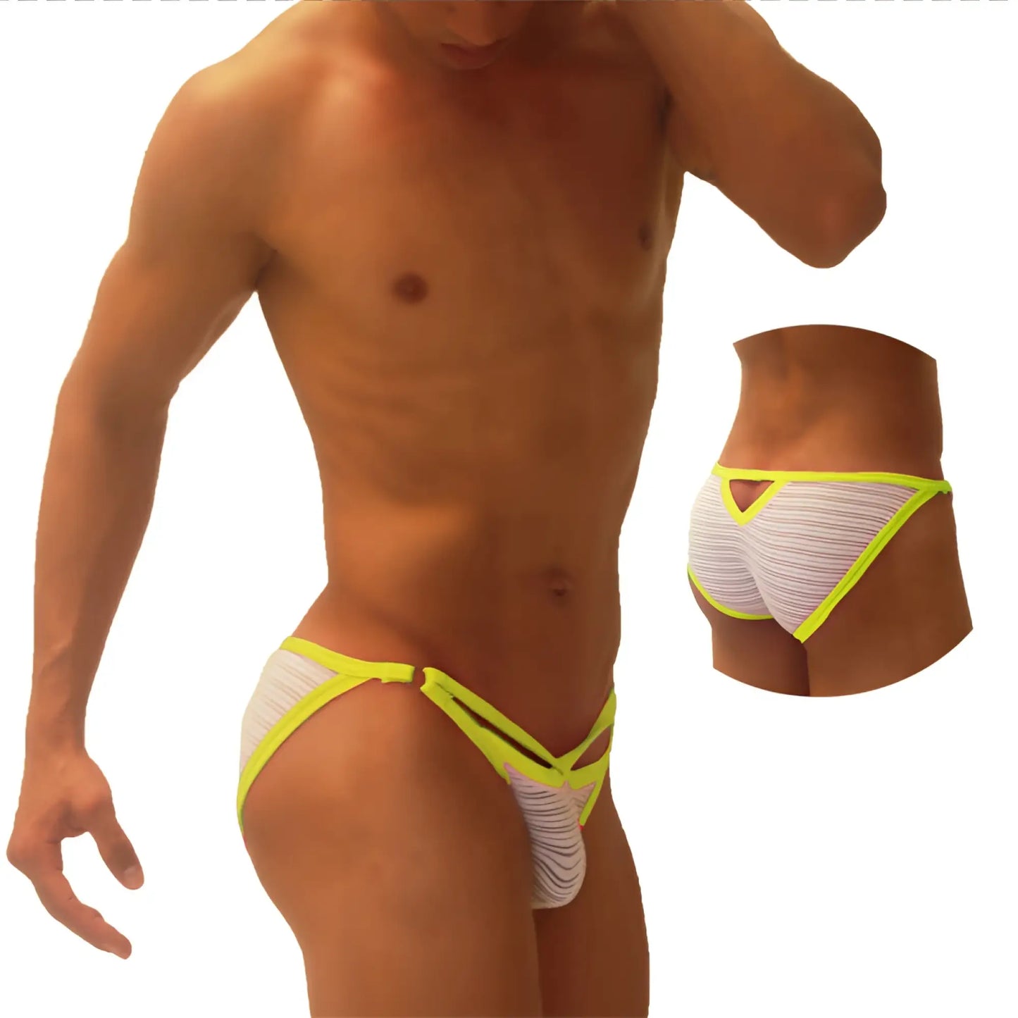 White textured men’s briefs with bright neon yellow trim and cutout design from Icker Sea Superhero Stripe collection