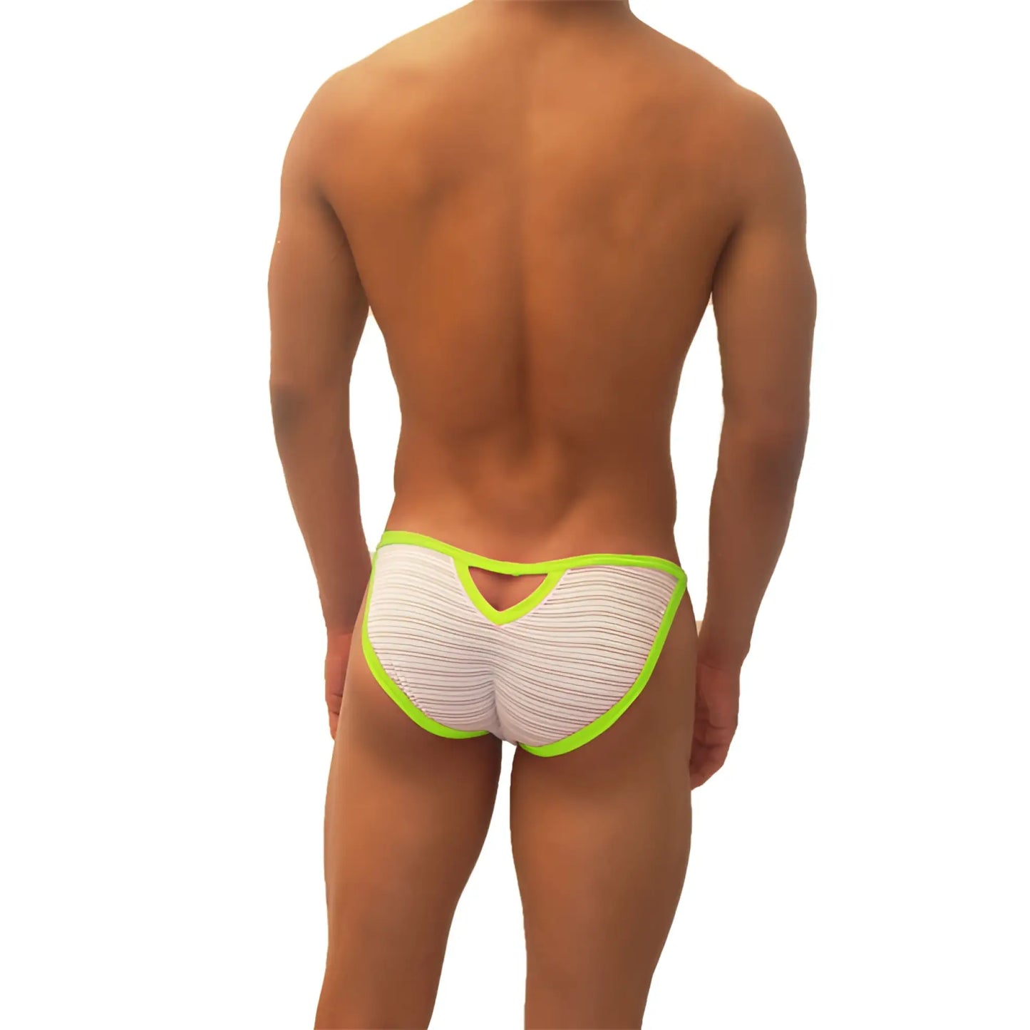 White striped briefs with neon green trim and back cutout from icker sea superhero stripe cut out micro slip bikini underwear