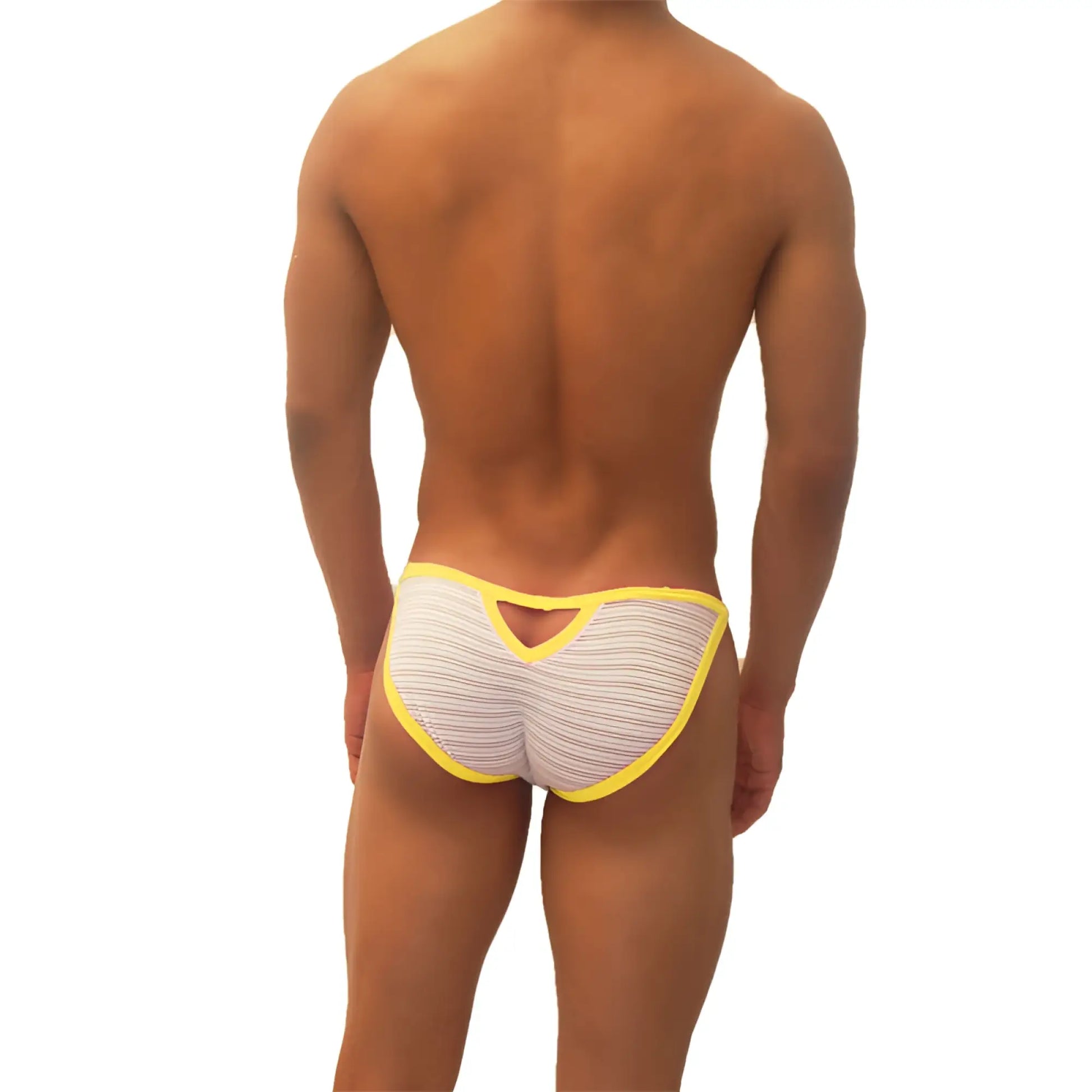 White and yellow striped icker sea superhero stripe cut out micro slip bikini underwear showing back side view